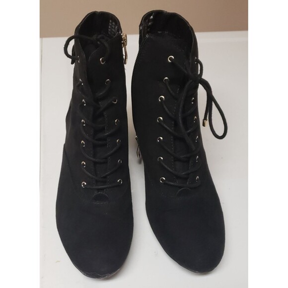 Liz Claiborne Black Faux Suede Lace-Up Ankle Boots Gold Hardware Size 9 PO Good - Picture 8 of 15